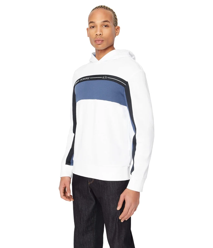 Armani Exchange Men's Unbrushed Organic Cotton Tri-Color Hooded Sweatshirt, White/True Navy, XXL