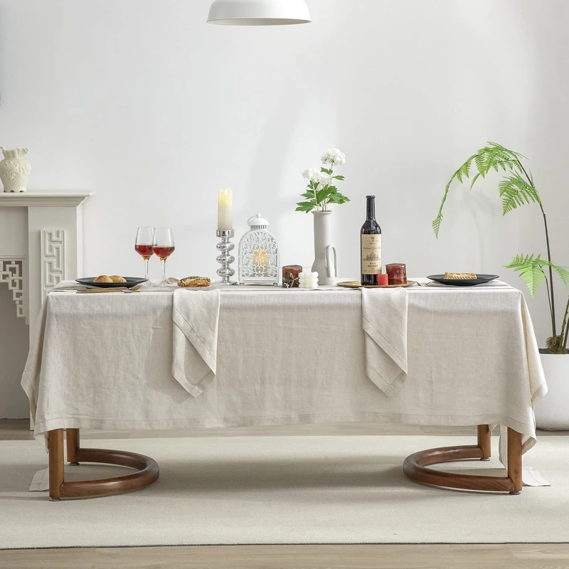 EVERLY Pure Linen Hemstitch Tablecloth,100% Stonewashed French Linen tablecloths for Kitchen Dining Rectangle Tables,60x84Inch Machine Washable Christmas Thanksgiving Organic Tablecloth-Natural Linen