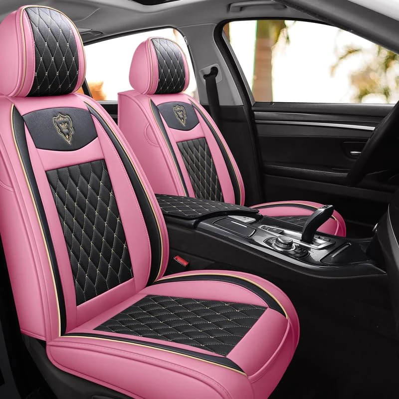 SanQing Car Seat Covers Full Set, Super Luxurious Heavy Duty Waterproof Leather Automotive Vehicle Cover for Cars SUV Pick-up Truck, Universal Non-Slip Seat Pink Car Accessories (BLACK PINK)