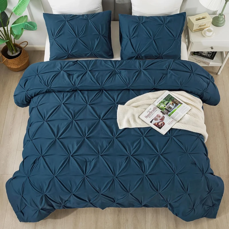Andency Navy Blue Comforter Set King Size, 3 Pieces All Season Pintuck Decorative Bedding Set, Soft Fluffy Microfiber Bed Set