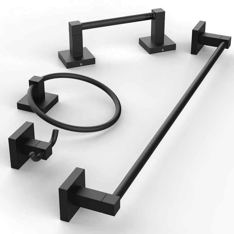 Ruacq 4 Pieces Bathroom Accessories Hardware Set Matte Black Square Stainless Steel and Zinc Alloy Modern Wall Mounted, 18-Inch Towel Bar, Toilet Paper Holder, Towel Ring，Robe Hook