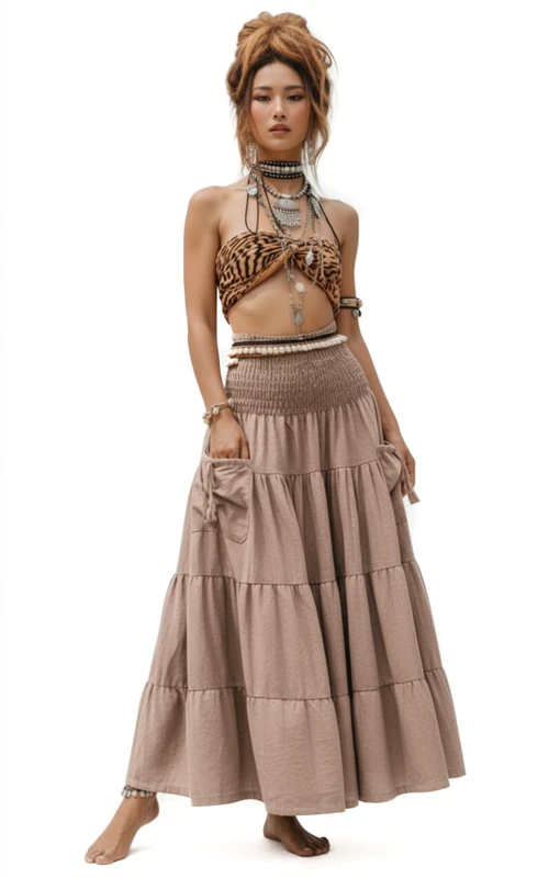 Thaluta Maxi Boho Skirt Long Pockets Cotton Hippie Bohemian Elastic Waist Gypsy Skirt, Desert Rose, One Size