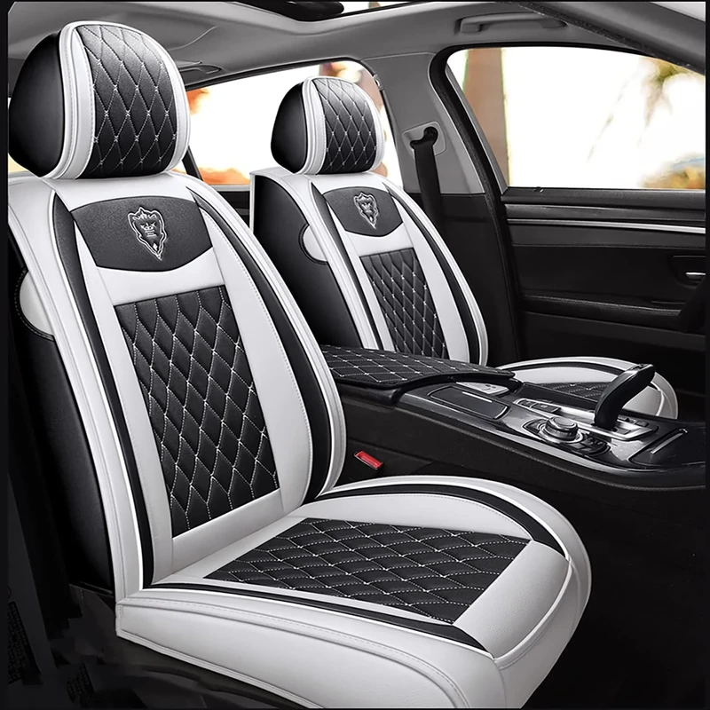 Car Seat Covers Front Seats, Super Luxurious Heavy Universal Duty Waterproof Leather Automotive Vehicle Cover for Cars SUV Pick-up Truck, Non-Slip Seat Black White Car Accessories (2 PCS Front/White)