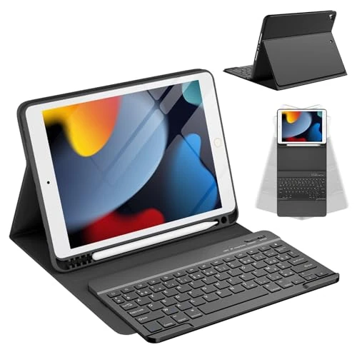 Keyboard for iPad 10.2 9th 2021/8th 2020/10.2 7th 2019/10.5/Air 3 Wireless Bluetooth Keyboard French Protective Case with Stylus Pen Detachable Keyboard Case for iPad (Black)
