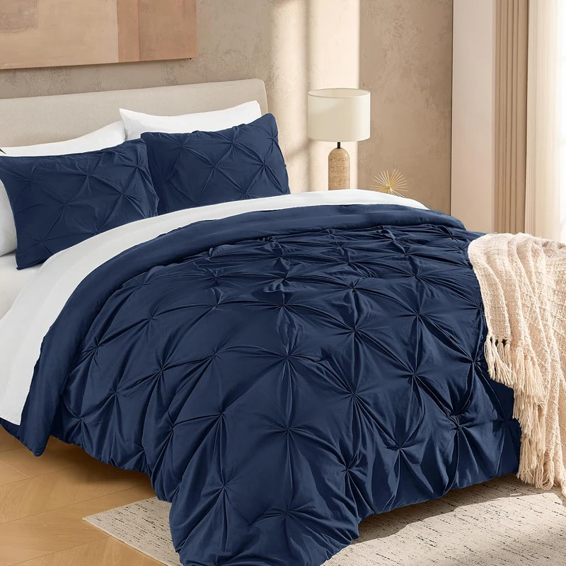 Andency Full Pinch Pleat Navy Comforter Set 3 Piece Bedding