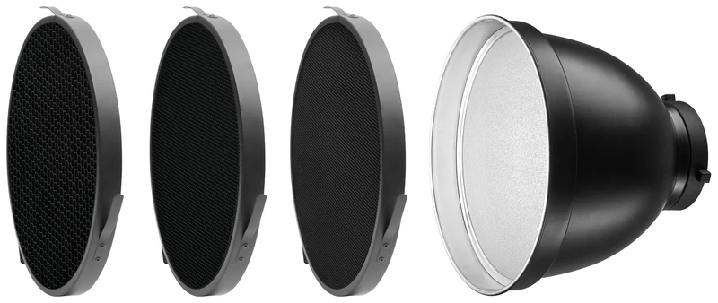 Rollei 70° reflector set with grids, 70 degree reflector with 3 different grids for optimal light distribution. Bowens S-type connection.