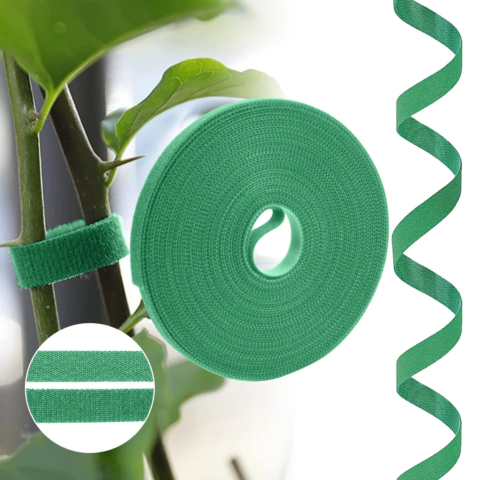 URAQT 10mm 10m Tape Plant Ties, Green Garden Self Adhesive Tape, Hook Loop, Reusable Adjustable Tree Ties Plant Stake Cane Supports Wrap Tape for Gardening Sticky Strips