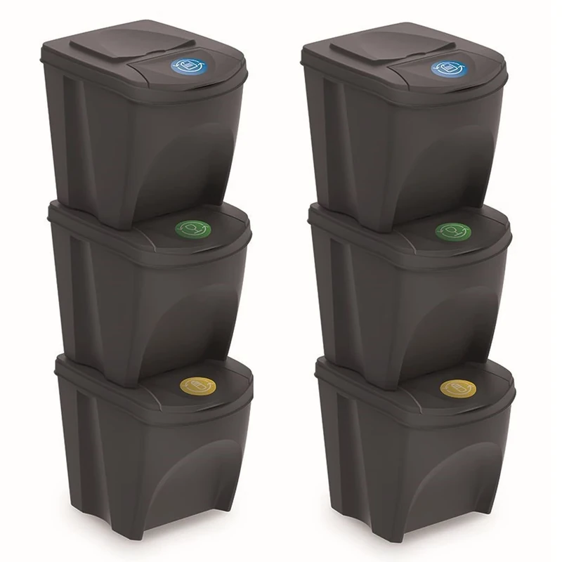 WELL HOME MOBILIARIO & DECORACIÓN 2 Pack of 3 Recycling Bins with Capacity of 75 litres of Compartment in Black