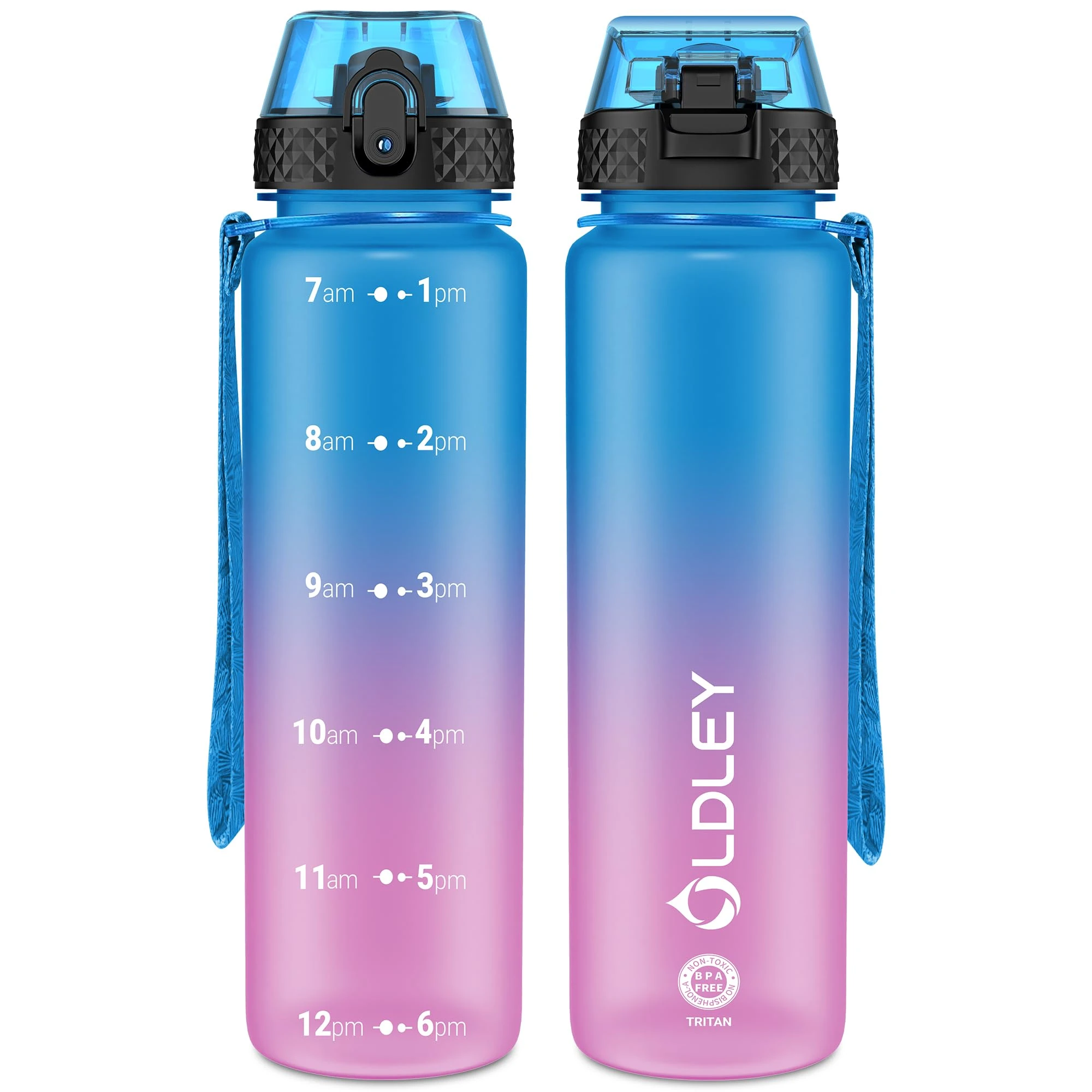 OLDLEY 1L/32oz Sports Water Bottle with Straw, 1000ml Motivational Drinks Bottle with Time Markings Leak Proof Drink & Lock Cover, BPA Free for Gym School Cycling Running Hiking