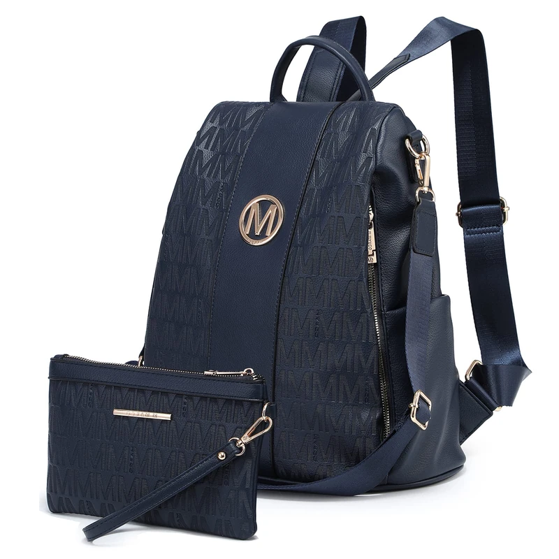 MKP COLLECTION Women Fashion Backpack Purse Multi Pockets Anti-Theft Rucksack Ladies Travel Shoulder Bag Handbag Set 2pcs, Blue, M, Women Fashion Backpack