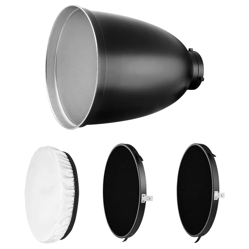 Rollei Reflector Set 45° with Grids, 45° Reflector with 3 Different Grids and a Diffuser Cloth for Optimal Light Dispersion. Bowens S-Type Connection, Black, 28177