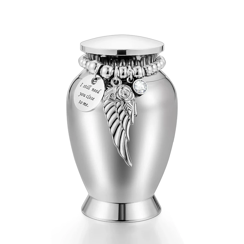 Small Keepsake Urns for Memorial Human Ashes 2.85 Inch with Wing Charm Mini Cremation Urns Stainless Steel