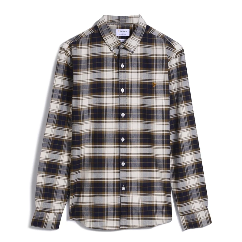 Farah - Men's Shirt, Brewer Check Slim Fit Shirt, Organic Cotton, Indigo Oxford Shirt, Casual-Style Shirt, Green Khaki, L