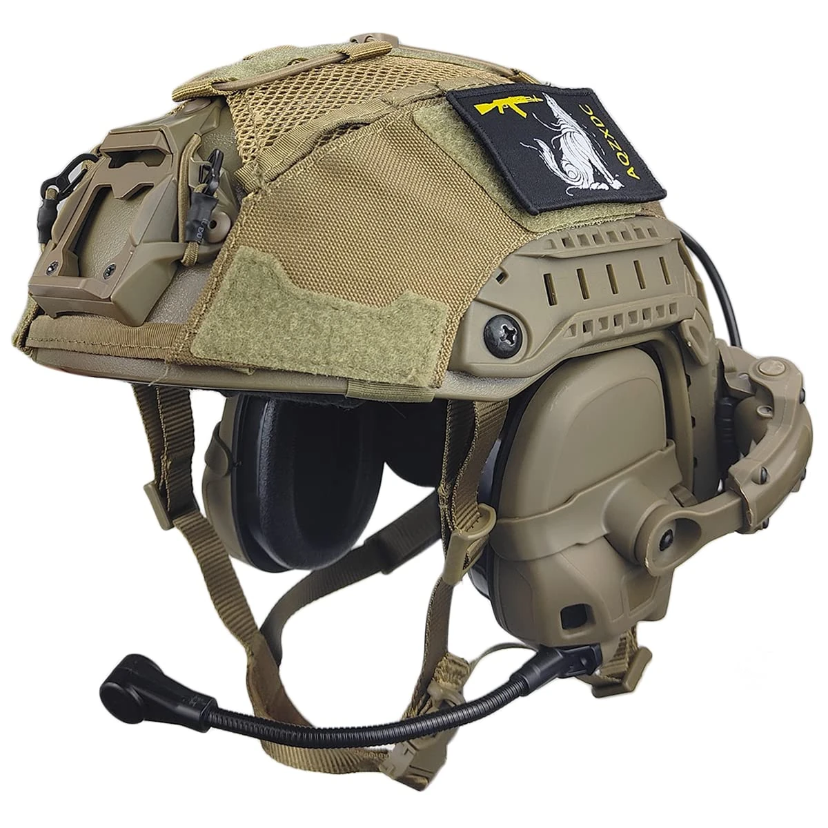 AQ zxdc Tactical Maritime Helmet (1.1Kg), with Noise Cancelling Headset, Helmet Cover (Comes with Battery/Weight Bag), Military Combat Protective Gear, for Paintball Airsoft Shooting,TAN,MAX