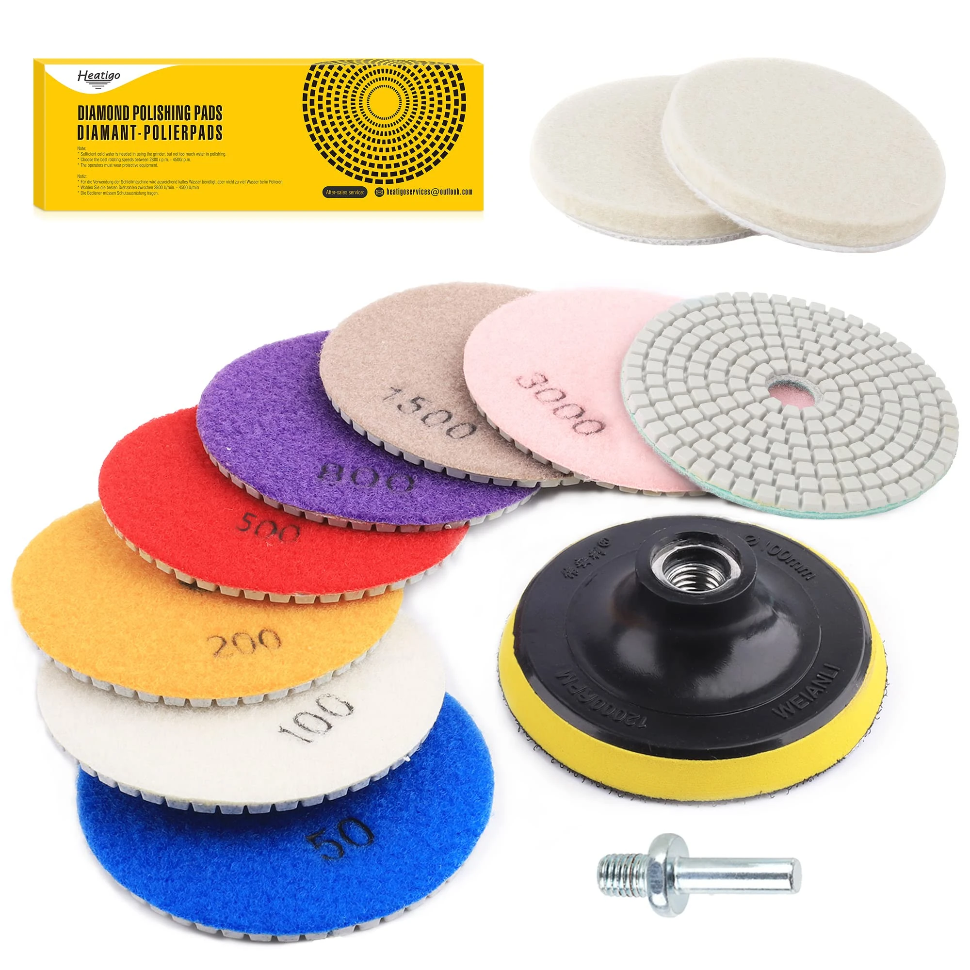 11PCS Diamond Polishing Pads Kit for Granite Stone Concrete Marble Grinding Discs Set, 4 inch Polisher Wheel Disc for Polisher & Grinder, Mixed Grits 50, 100, 200, 500, 800, 1500, 3000, 6000