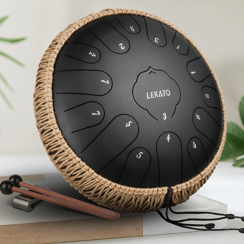 LEKATO Steel Tongue Drum 13 Inch 15 Notes, Steel Alloy Drum C Key Beginner Zen Percussion for Meditation Yoga Musical Education, Best Gift for Adult Beginner, Black