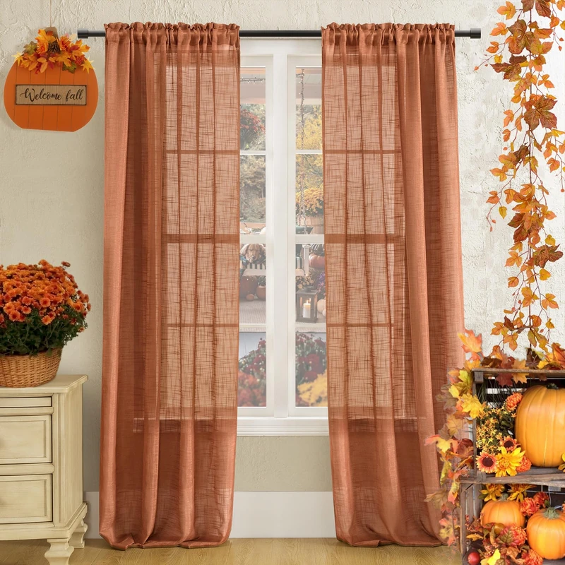 SHINELAND Burnt Orange Curtains 2 Panels for Living Room 84 Inches Long Sheer Boho Faux Linen Textured Indian Bohemian Curtains for Bedroom Window,Dark Orange