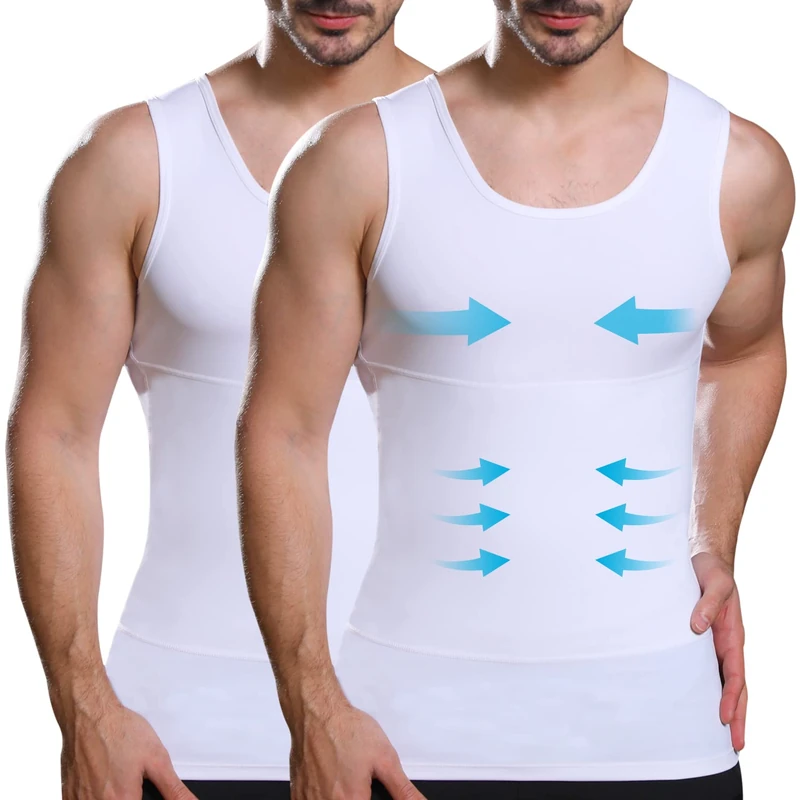 Lgtfy Mens Slimming Body Shaper Vest, Gynecomastia Compression Shirts, Tummy Control Undershirts - Change in Seconds, 2 Pack White, 3XL