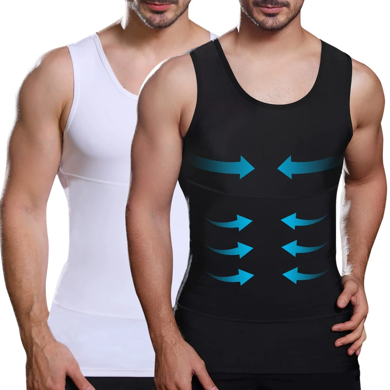 Lgtfy Mens Slimming Body Shaper Vest, Gynecomastia Compression Shirts, Tummy Control Undershirts - Change in Seconds, Black/White, Medium