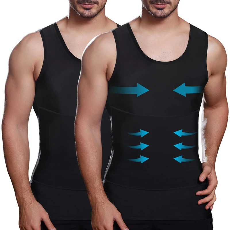 Lgtfy Mens Slimming Body Shaper Vest, Gynecomastia Compression Shirts, Tummy Control Undershirts - Change in Seconds, 2 Pack Black, Medium