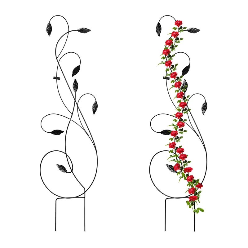 Relaxdays Set of 2 Metal Trellises, for Climbing Plants, Plug-in, Decorative Curved Design, HxW: 144 x 39 cm, Black, Iron