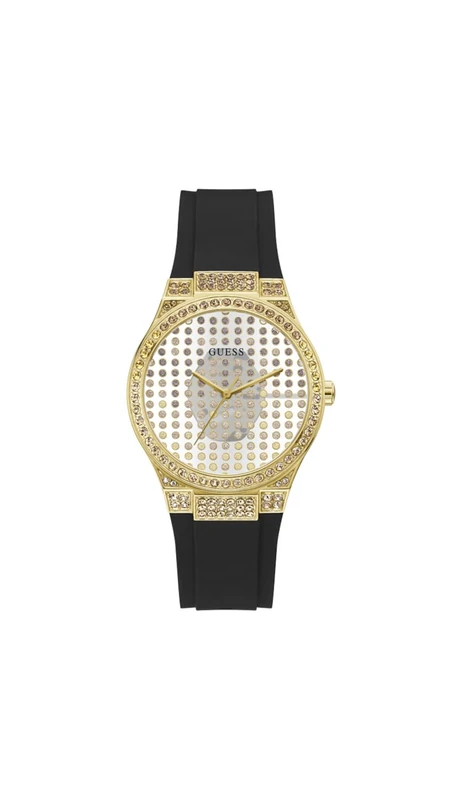 GUESS Ladies 39mm Watch - Black Strap Gold Tone Case Clear Dial, Black, Modern