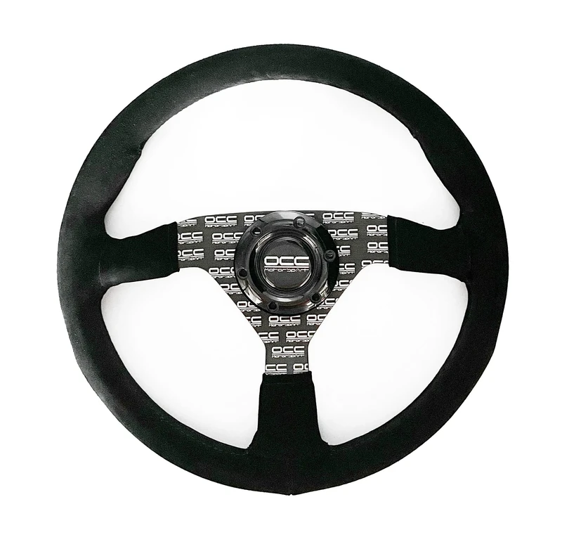 OCC MOTOR SPORT FLAT BOTTOM STEERING WHEEL CLASSIC MODEL ALCANTARA SILK-SCREEN PRINTED BLACK ARMS - CAR FLAT DISH STEERING WHEEL - 350MM (14 INCH)