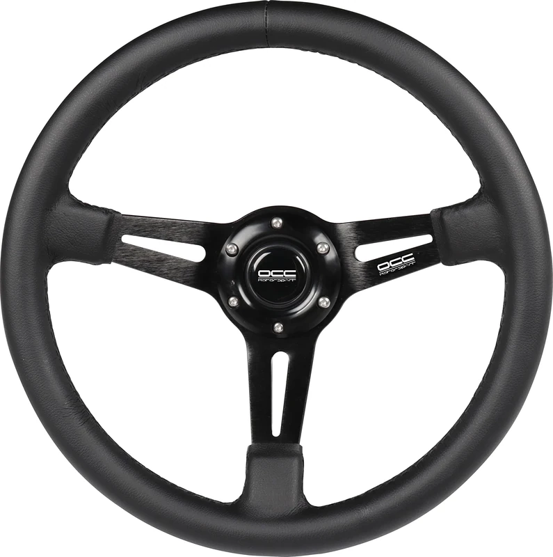OCC MOTOR SPORT SEMI-DISPLACED STEERING WHEEL CLASSIC MODEL NAPPA LEATHER BLACK ARMS - 75 MM SEMI DISH WHEEL - 350MM (14 INCH)