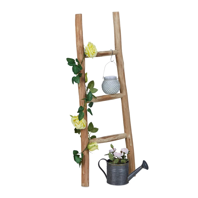 Relaxdays Decorative Ladder, 90 cm Tall, Garden Decor, 3 Rungs, Chestnut Wood, Handmade, Towel & Clothing Rack, Natural