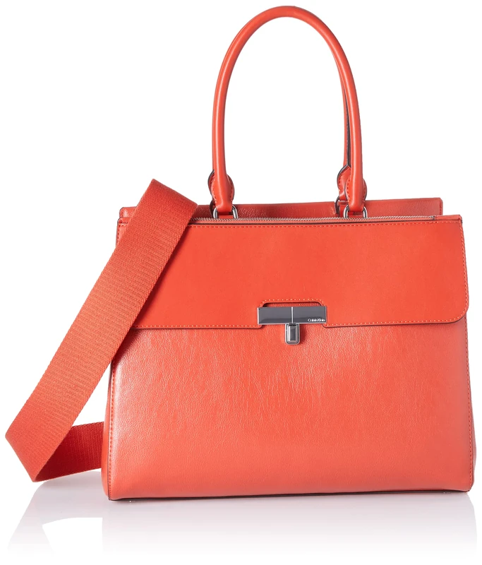 Calvin Klein Women's Becky Tote Bag – 2 in 1, Vegan Leather, Monogram, 3 Pockets Triple Compartment, Spicy Orange, One Size