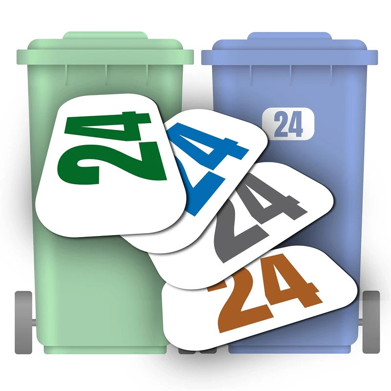 4 x Personalised Bin Numbers for Wheelie Bins with Your House Number | Pack of 4 Colours | Choice of 3 Sizes from 16cm x 12cm | Waterproof | Bin Number Stickers
