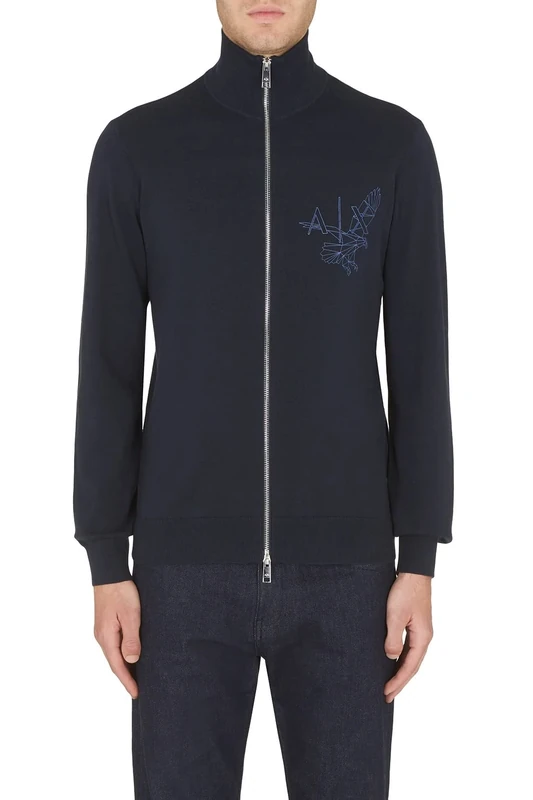 Armani Exchange Men's Organic Cotton, Zip Through, Eagle Logo, Long Sleeves Cardigan Sweater, Navy, XS
