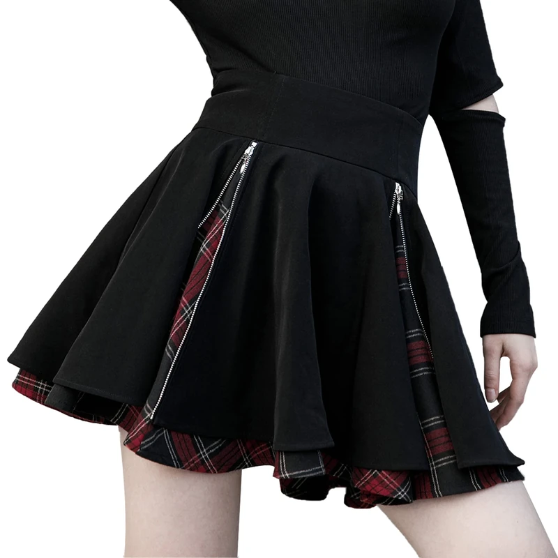Kisidoo Gothic Skirts Cute High Elastic Waisted Plaid Kilts for Women Trendy Hem Flared Knee Length Mini Skater Skirt, Black, S