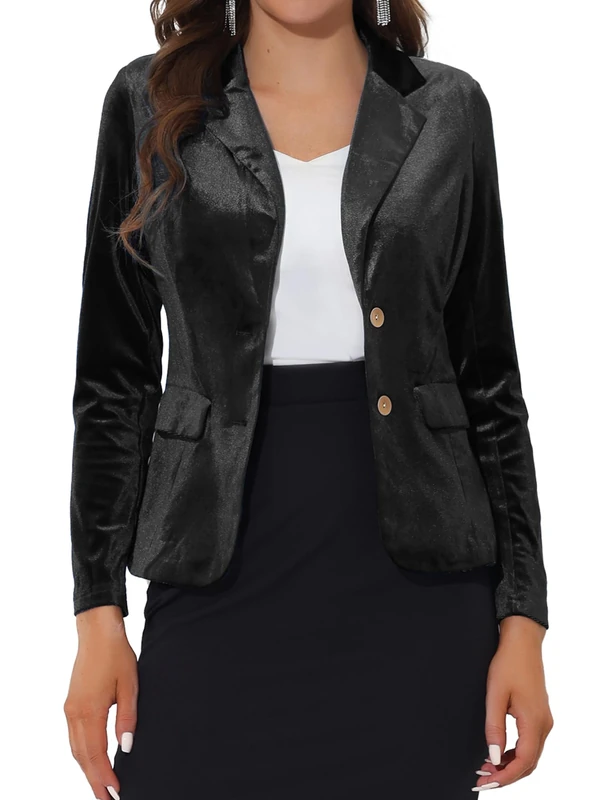 Allegra K Women's Notched Lapel Vintage Office Button Front Velvet Blazer, Black, L