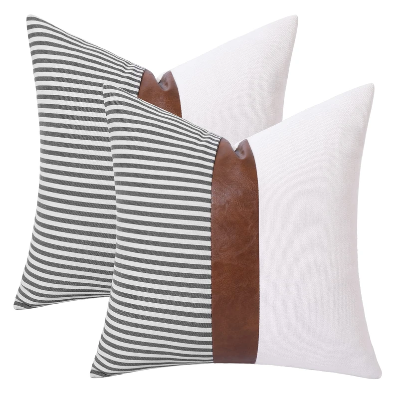 Mecatny Boho Throw Pillows 18x18 Set of 2 - Farmhouse Decorative Throw Pillows with Inserts Included - Brown Faux Leather Modern Stripe Patchwork Linen Accent Throw Pillows for Couch Bed Sofa, Grey