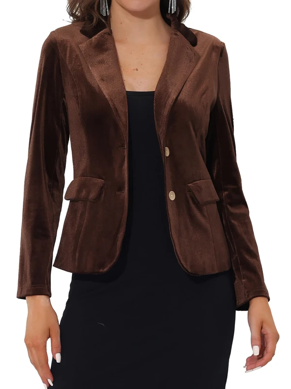 Allegra K Women's Notched Lapel Vintage Office Button Front Velvet Blazer, Brown, M - Image 1