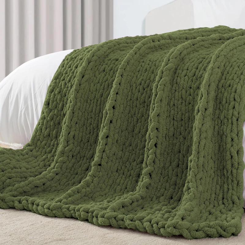 Carriediosa Chunky Knit Throw Blanket 50" X 60", 100% Hand Made Large Chenille Loop Yarn Soft Fluffy Throws for Couch Sofa Bed, Big Crochet Cozy Heavy Thick Cable Woven Blanket, Olive Green