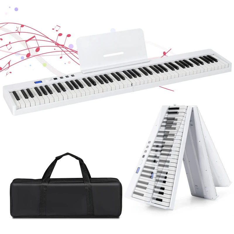 GYMAX 88 Keys Foldable Keyboard Piano, Full-size Digital Piano with Bluetooth, USB/MIDI Controller, Sustain Pedal, Rechargeable Battery & Piano Bag, Portable Electronic Keyboard for Beginners (White)