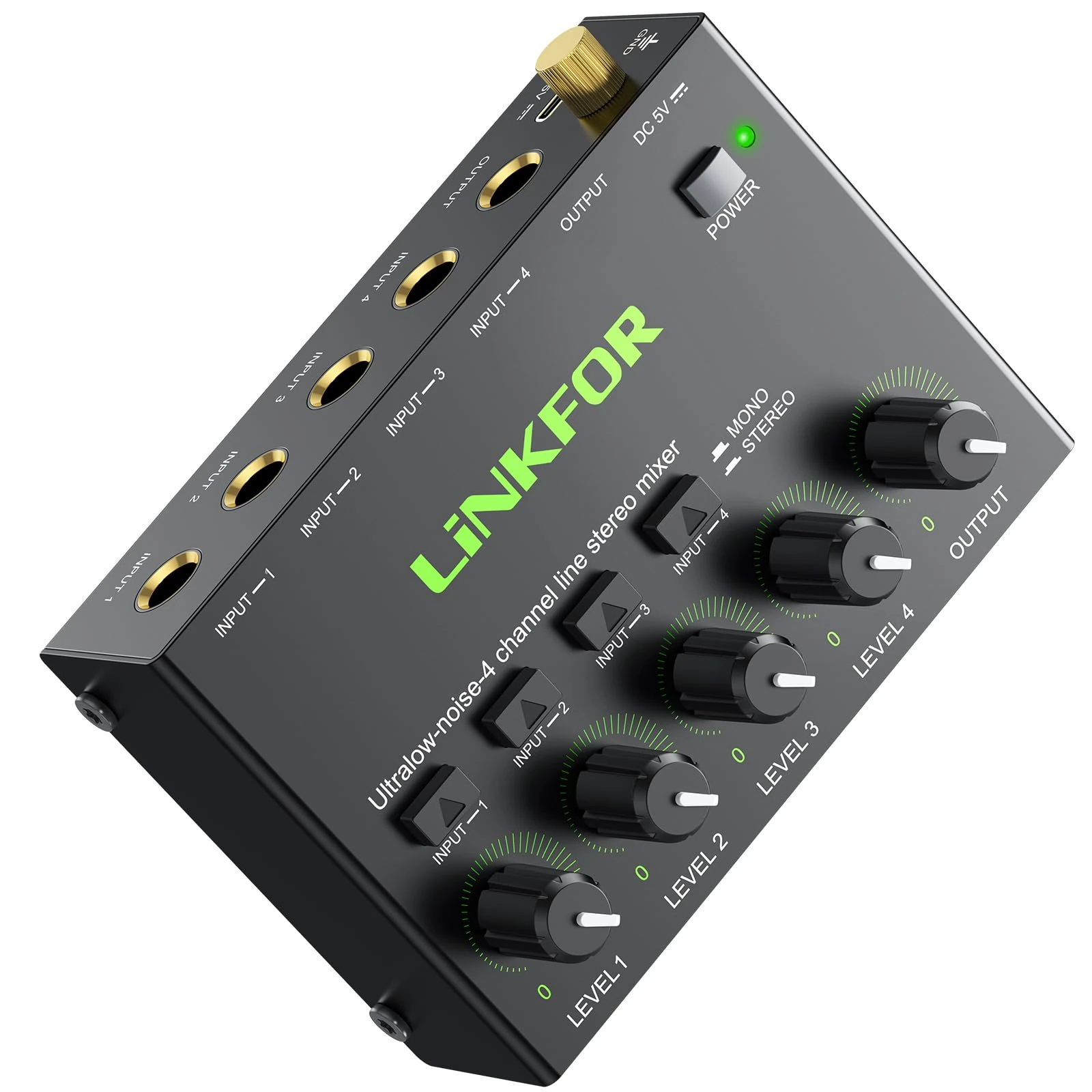 LiNKFOR 4 Channel Compact Audio Mixer – Ultra Low-Noise Stereo Mixer with Type-C Power Supply Separate Volume Controls Metal Build, 6.35mm Output, for Microphones, Guitars, Keyboards, Stage Studio Use