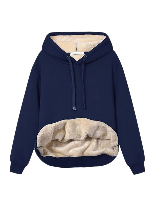 Haellun Womens Casual Winter Warm Fleece Sherpa Lined Pullover Hooded Sweatshirt, Navy, S