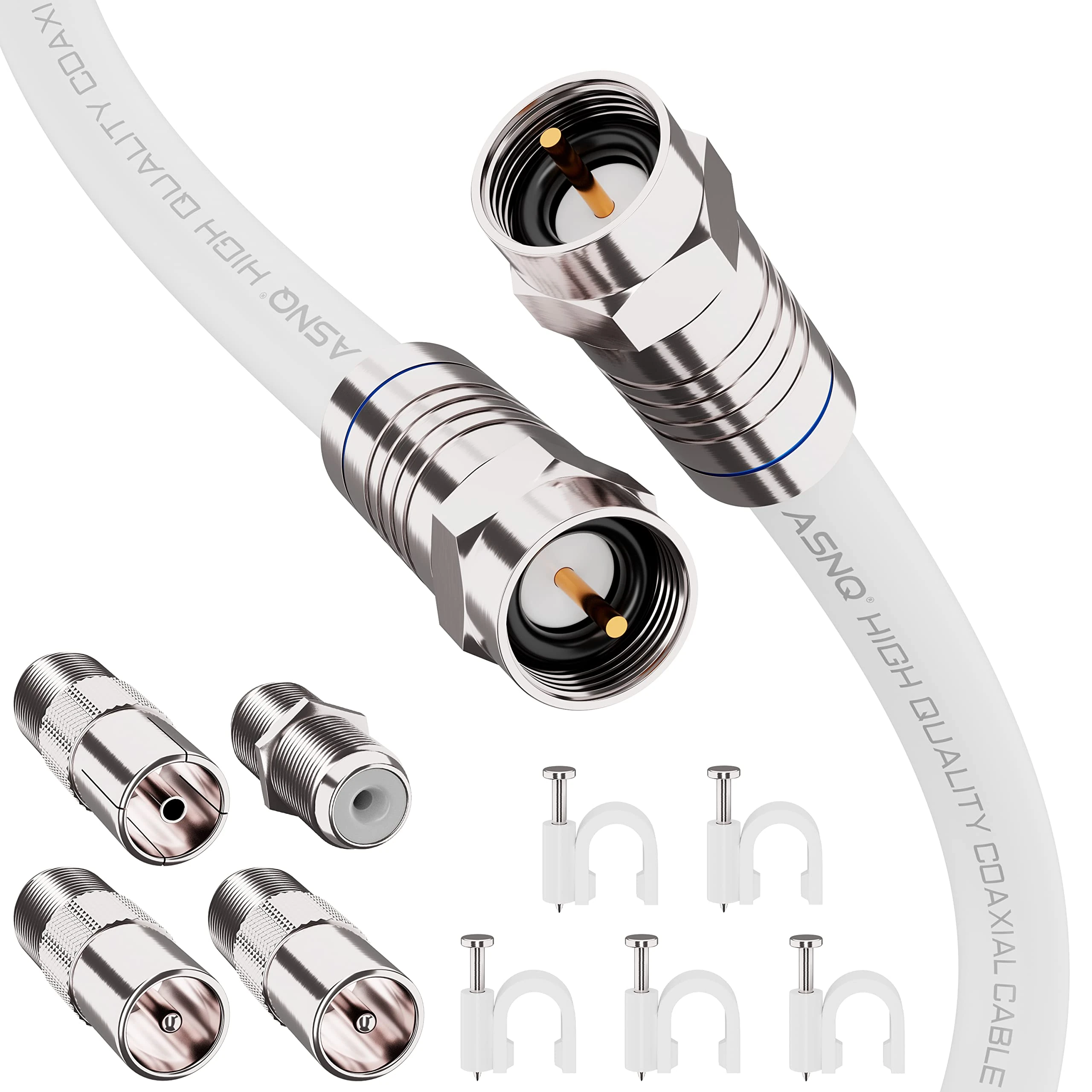 ASNQ RG6 Coaxial Cable Connectors Set 75 OHM - High-Speed Premium Coax Cable 15m - For Internet, Digital TV, Satellite, Aerial Connections - Includes 4 Extension Couplers to connect Cable Extensions