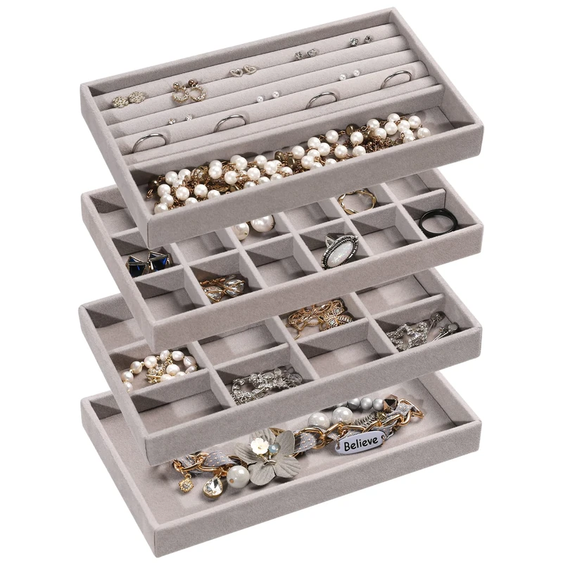 Frebeauty Jewellery Organiser Tray,Stackable Velvet Jewellery Trays,Drawer Inserts Earring Organiser For Women Girls Jewellery Storage Display Case for Rings Stud Necklaces,Set of 4(Grey)