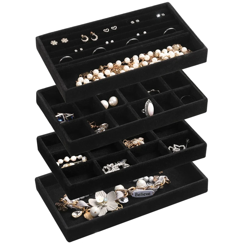 Frebeauty Jewellery Organiser Tray,Stackable Velvet Jewellery Trays,Drawer Inserts Earring Organiser For Women Girls Jewellery Storage Display Case for Rings Stud Necklaces,Set of 4(Black)