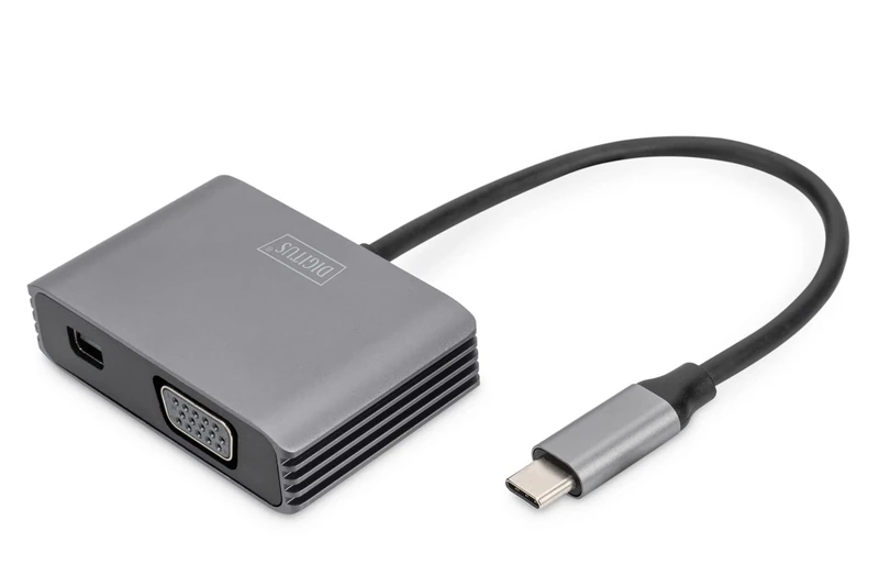 Digitus USB-C - Mini DP + VGA Adapter, 20 cm 4K/30Hz, Silver, Aluminium Housing - Image 1