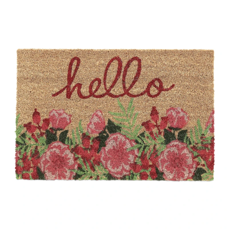 Relaxdays Hello Flowers Doormat Coir Rubber, 40 x 60 cm, Door Mat Inside & Outside, Multicoloured, Coco