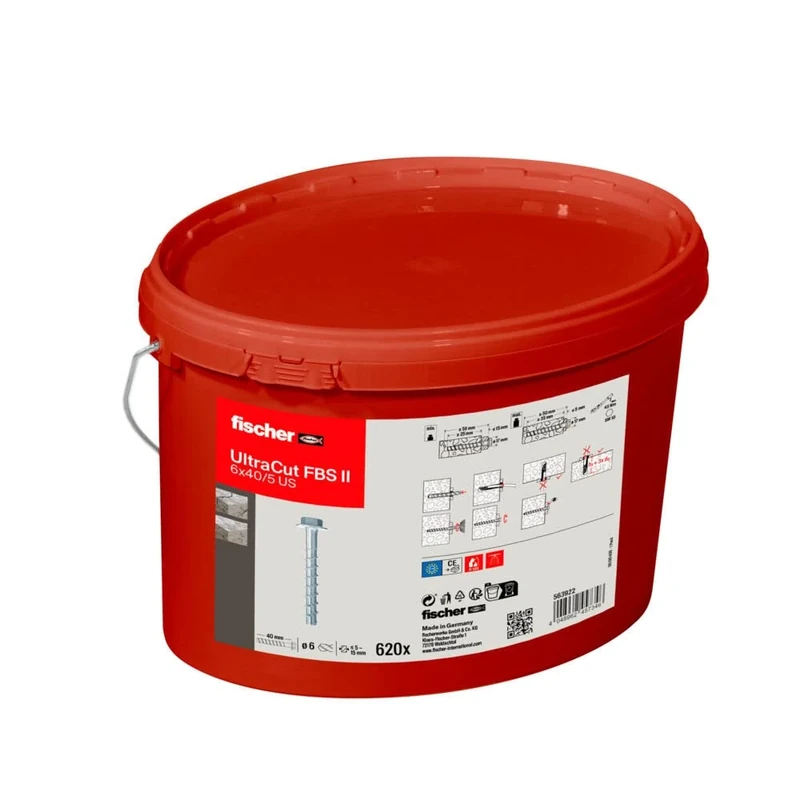 fischer UltraCut FBS II 6x40/5 US, Powerful Concrete Screw (Pack of 620), Galvanised, in Practical Bucket - Image 1