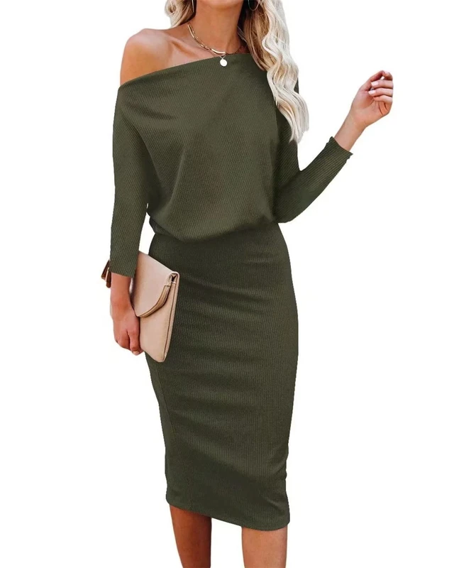 Ezbelle Women's Off The Shoulder 3/4 Sleeve Batwing HIPS-Wrap Pencil Party Sexy Bodycon Midi Dress Loose, Army Green, M