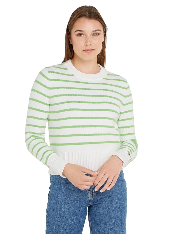 Tommy Hilfiger Women 1985 Jumper Pullover, White (Breton Stripes/Ecru/Spring Lime), XL