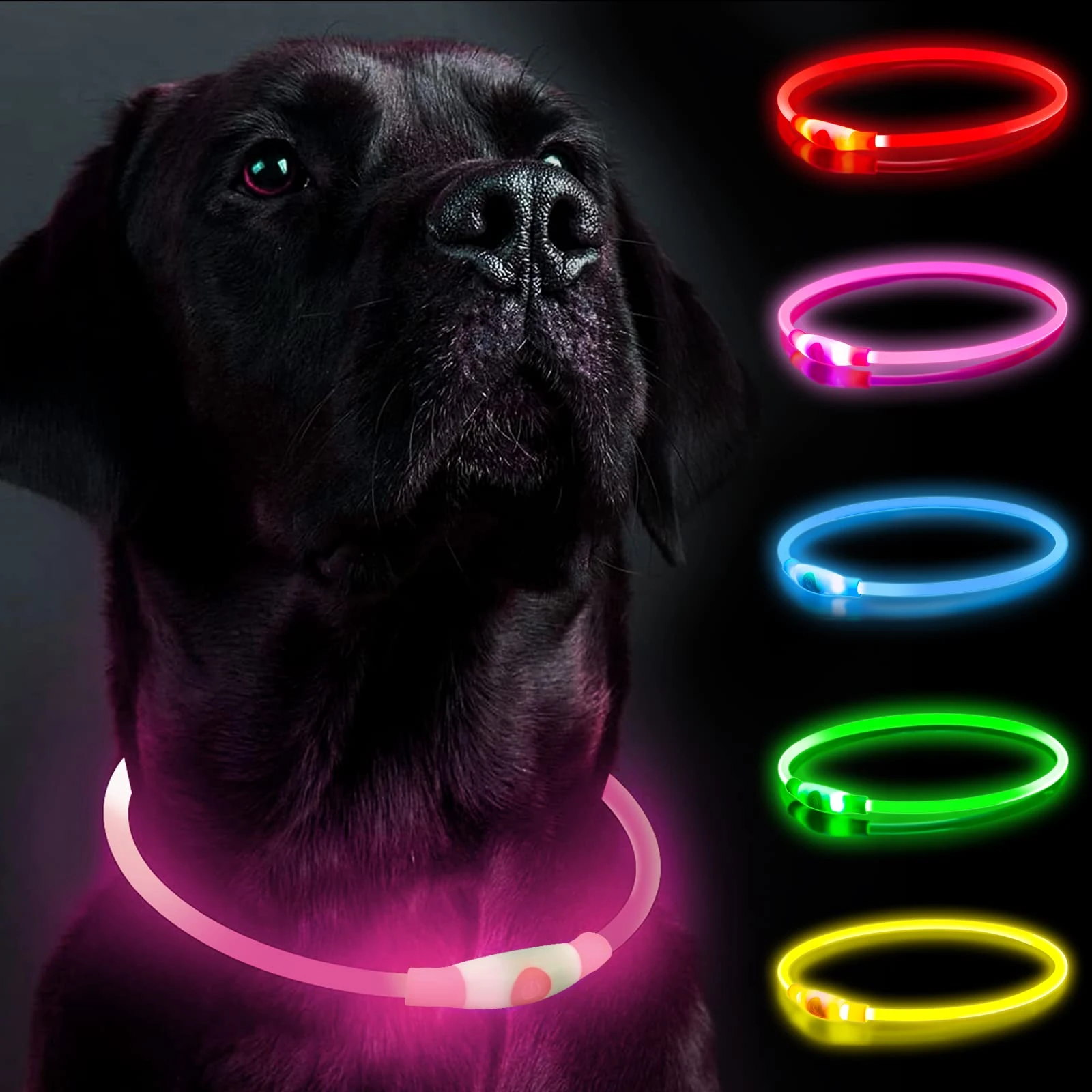 SerDa-Run Run Light Up Dog Collar, Pink, Size-Adjustable, 3 Modes, Waterproof, USB Rechargeable