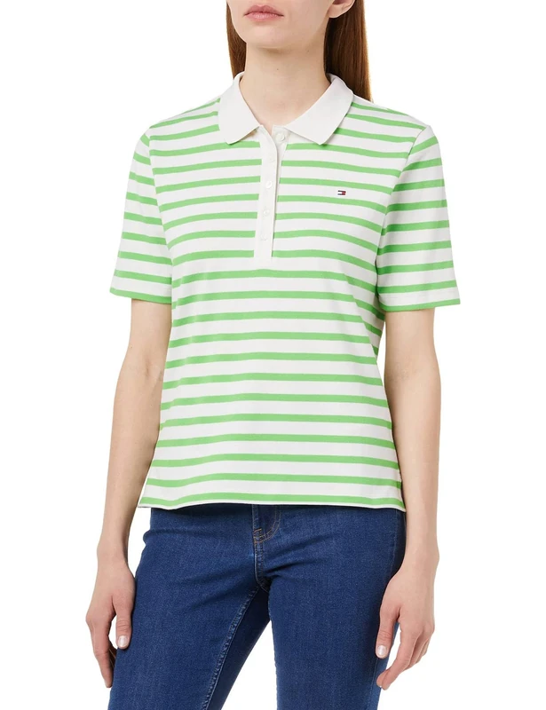 Tommy Hilfiger Women 1985 Piqué Stripe Polo Short-Sleeve Polo Shirt Regular Fit, White (Breton Stripes W White/Spring Lime), L